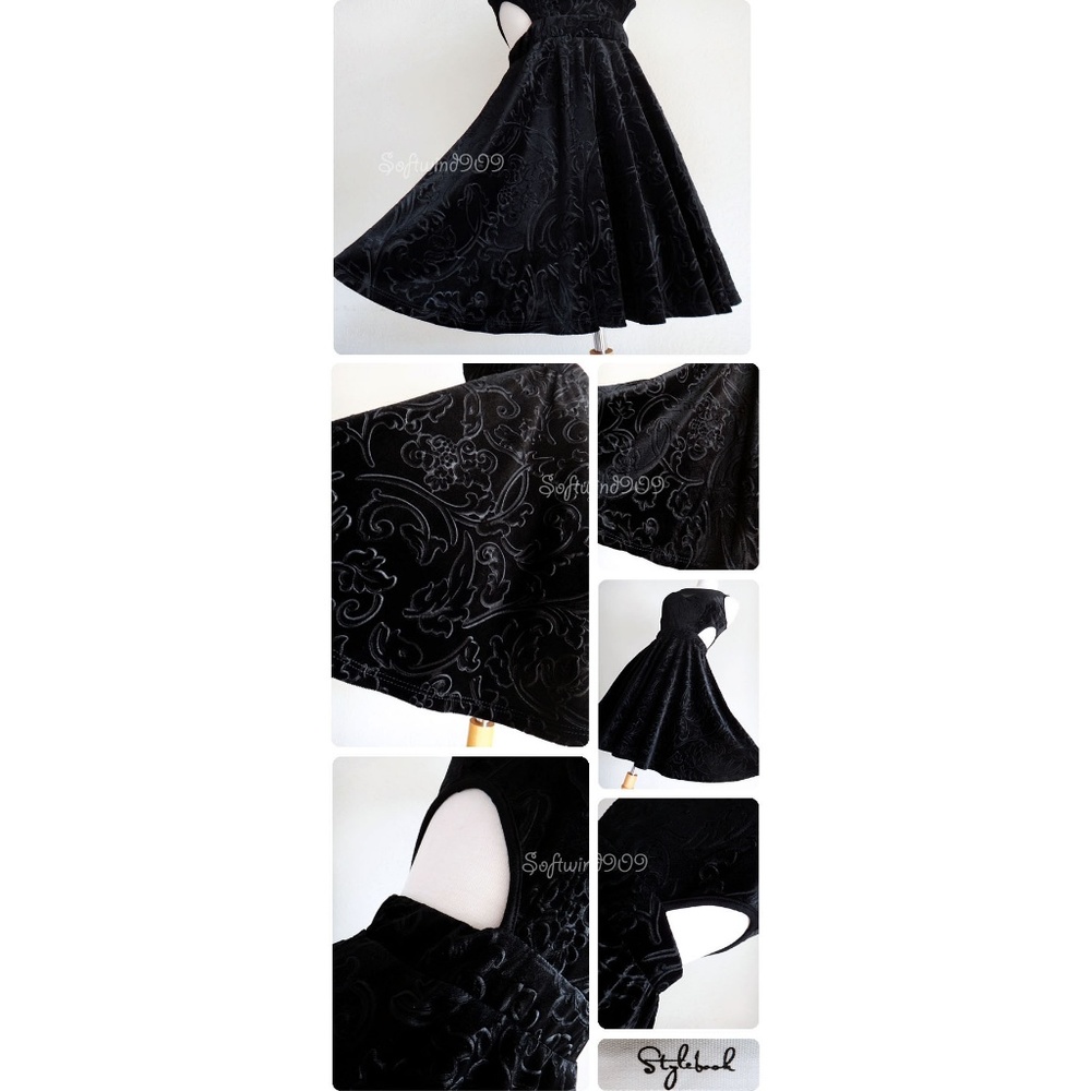 Black Velvet Mesh Inset Cutout Skater Party Dress - Picture 5 of 8